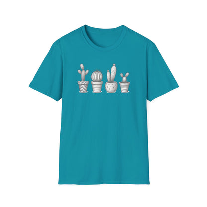 Gray Cacti In Terracotta Pots Line T-Shirt - Botanical Design