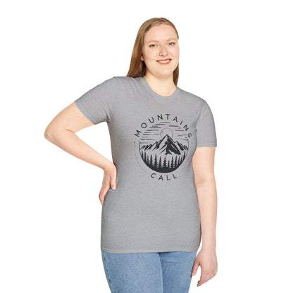 Mountains Call T-Shirt – Circular Nature Scene with Mountains, Trees & Sun Design