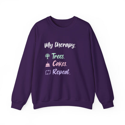My Therapy: Trees, Cake, Repeat - Typography Playful Sweatshirt