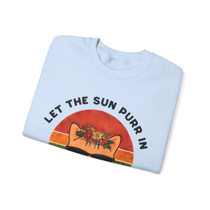 Let the Sun Purr In - Playful Vintage Sunset And A Cat in Sunglasses and Floral Crown Sweatshirt