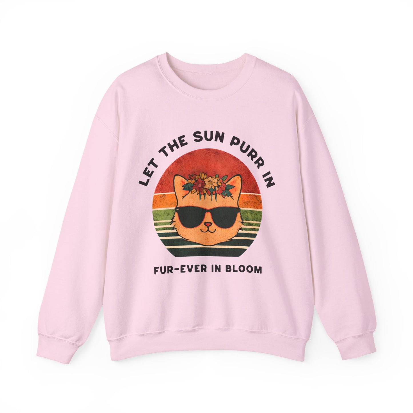 Let the Sun Purr In - Playful Vintage Sunset And A Cat in Sunglasses and Floral Crown Sweatshirt