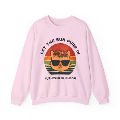 Let the Sun Purr In - Playful Vintage Sunset And A Cat in Sunglasses and Floral Crown Sweatshirt
