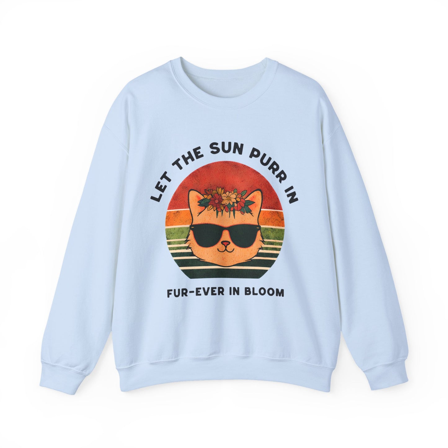 Let the Sun Purr In - Playful Vintage Sunset And A Cat in Sunglasses and Floral Crown Sweatshirt