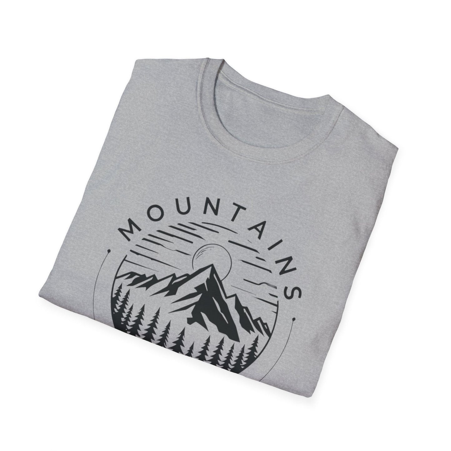 Mountains Call T-Shirt – Circular Nature Scene with Mountains, Trees & Sun Design