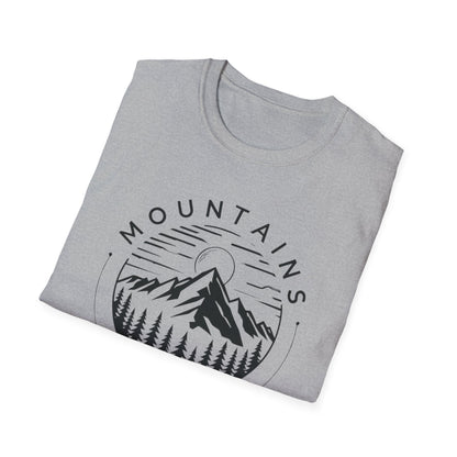 Mountains Call T-Shirt – Circular Nature Scene with Mountains, Trees & Sun Design