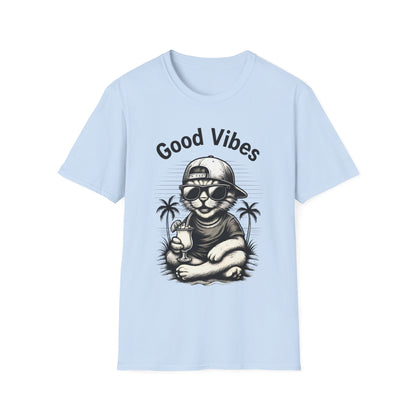 Good Vibes T-Shirt -  Cool Cat Relaxing with Tropical Drink Design