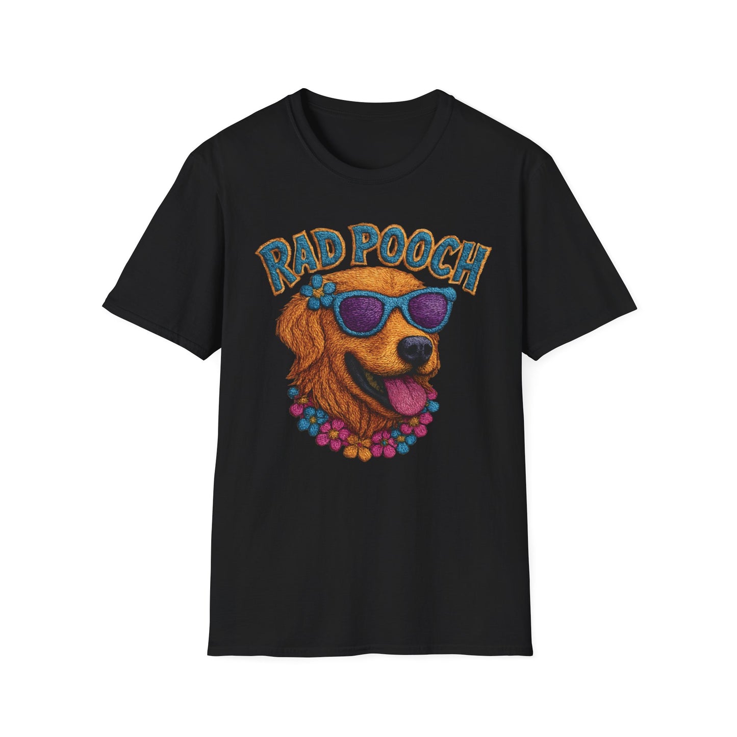 Rad Pooch – Embroidery-Like Style Cartoon Golden Retriever Dog With Floral T-Shirt