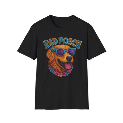Rad Pooch – Embroidery-Like Style Cartoon Golden Retriever Dog With Floral T-Shirt