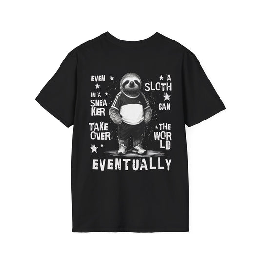 Even A Sloth In A Sneaker Can Takeover The World Eventually - Monochrome Sloth Distressed Front and Back Design T-Shirt