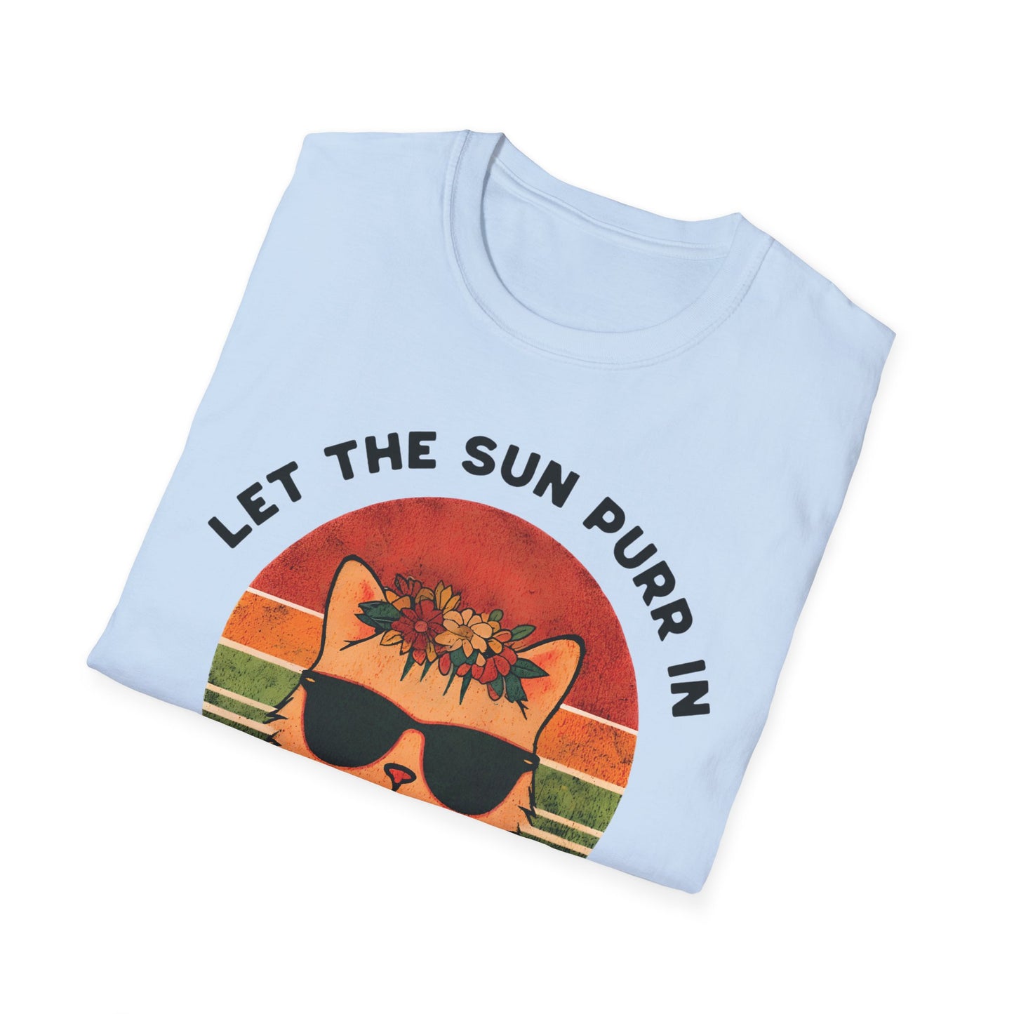 Let the Sun Purr In - Playful Vintage Sunset And A Cat in Sunglasses and Floral Crown T-Shirt