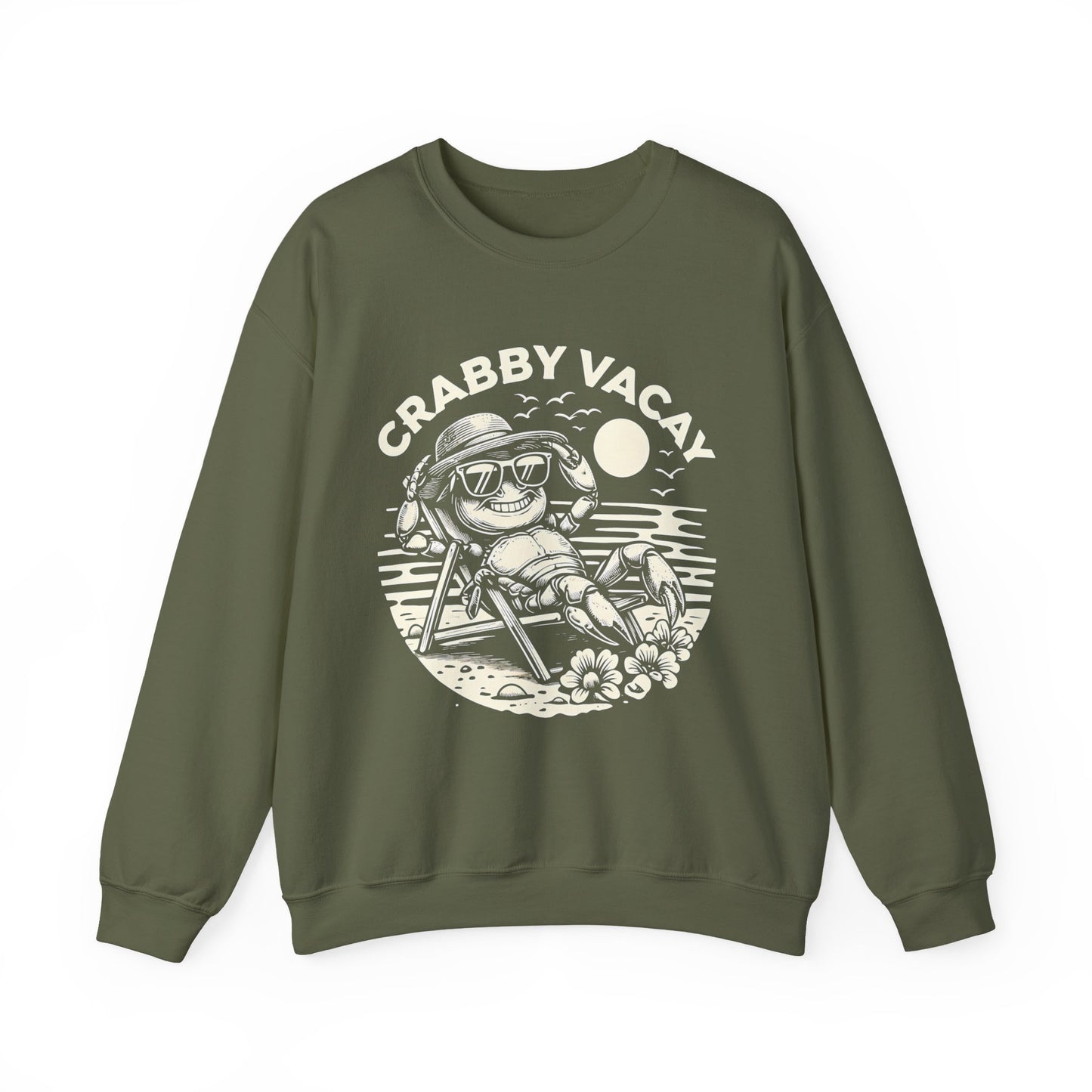 Crabby Vacay - Playful Monochrome Happy Crab Wearing Sunglasses in Tropical Scene Sweatshirt