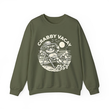 Crabby Vacay - Playful Monochrome Happy Crab Wearing Sunglasses in Tropical Scene Sweatshirt