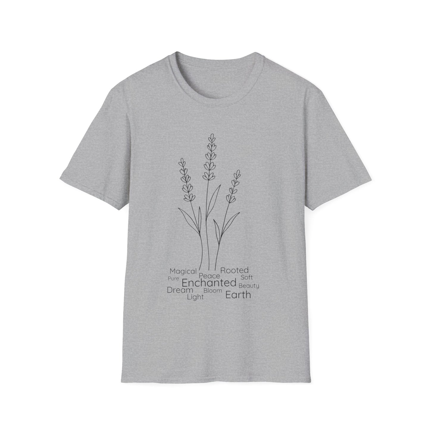 Minimalist Line Drawing of Lavender T-Shirt - Scattered Typography Design