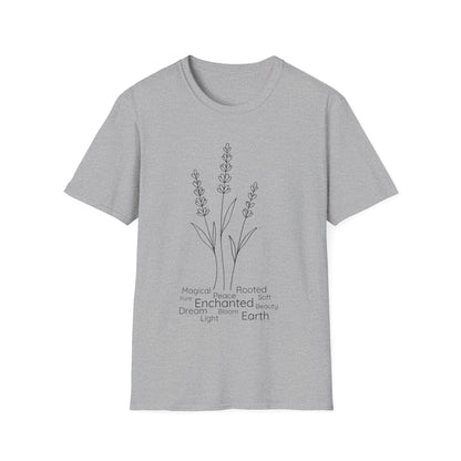 Minimalist Line Drawing of Lavender T-Shirt - Scattered Typography Design