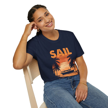 Sail Into Yesterday - Vintage Beach With Silhouetted Boat and Palm Trees T-Shirt