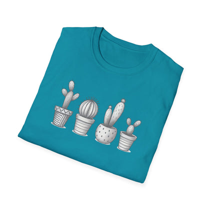 Gray Cacti In Terracotta Pots Line T-Shirt - Botanical Design