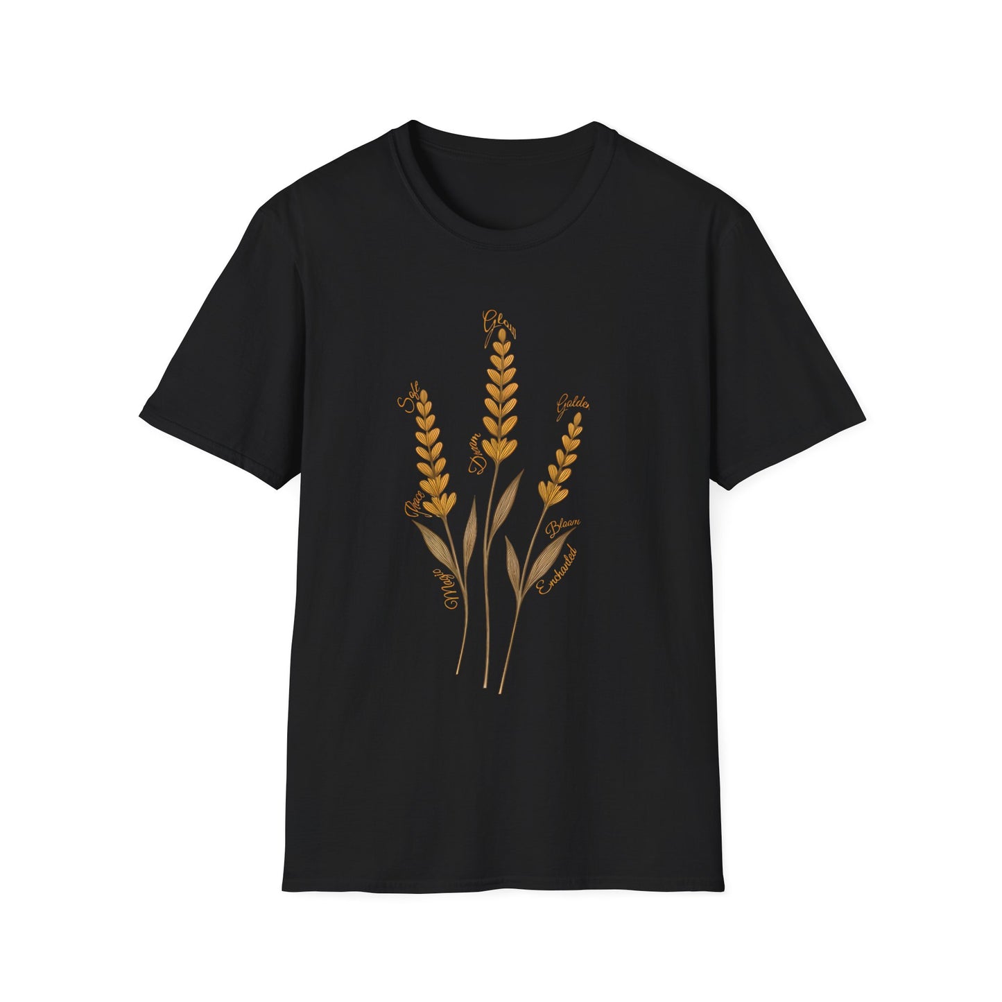 Golden Lavender T-Shirt - Scattered Typography Design