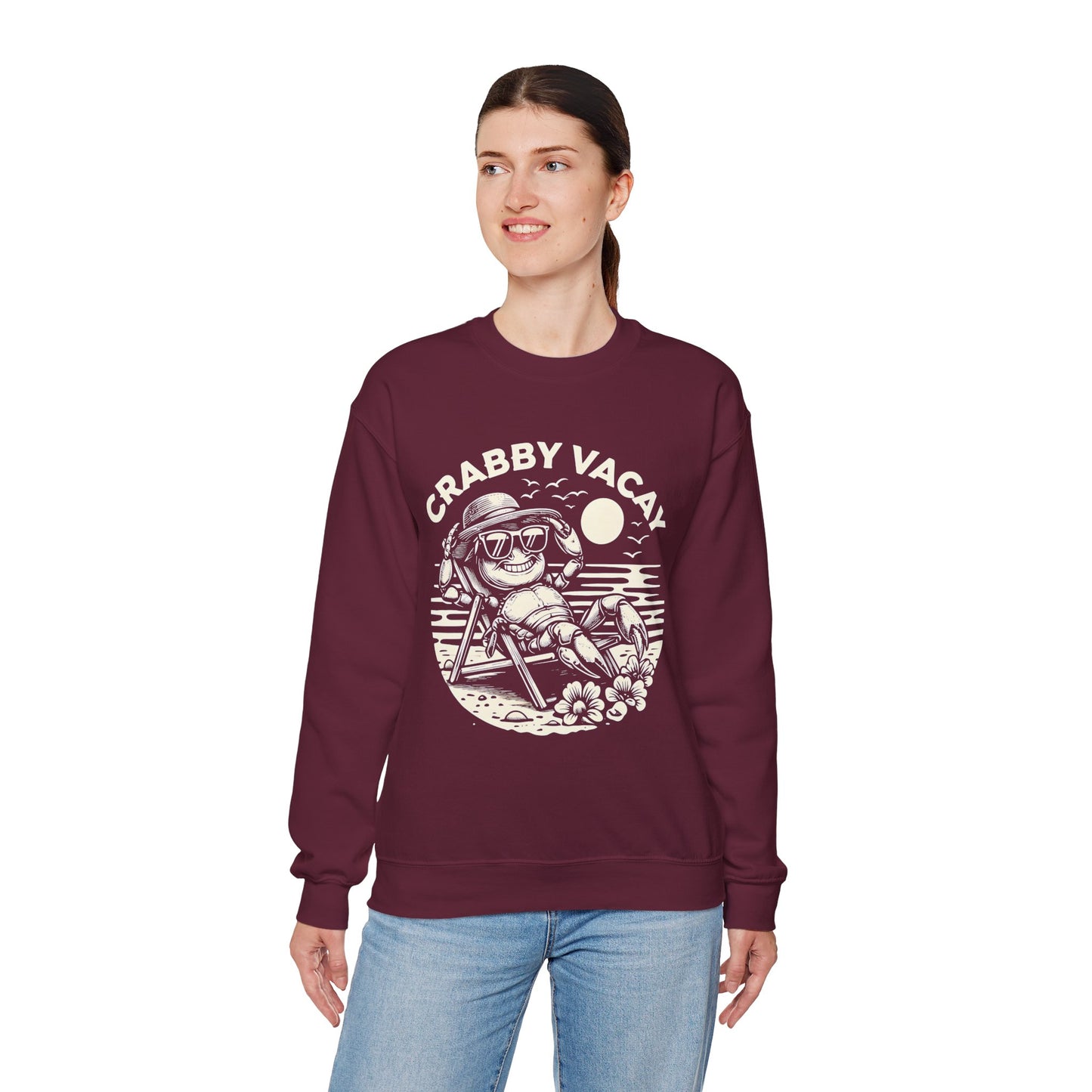 Crabby Vacay - Playful Monochrome Happy Crab Wearing Sunglasses in Tropical Scene Sweatshirt