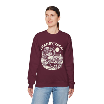Crabby Vacay - Playful Monochrome Happy Crab Wearing Sunglasses in Tropical Scene Sweatshirt