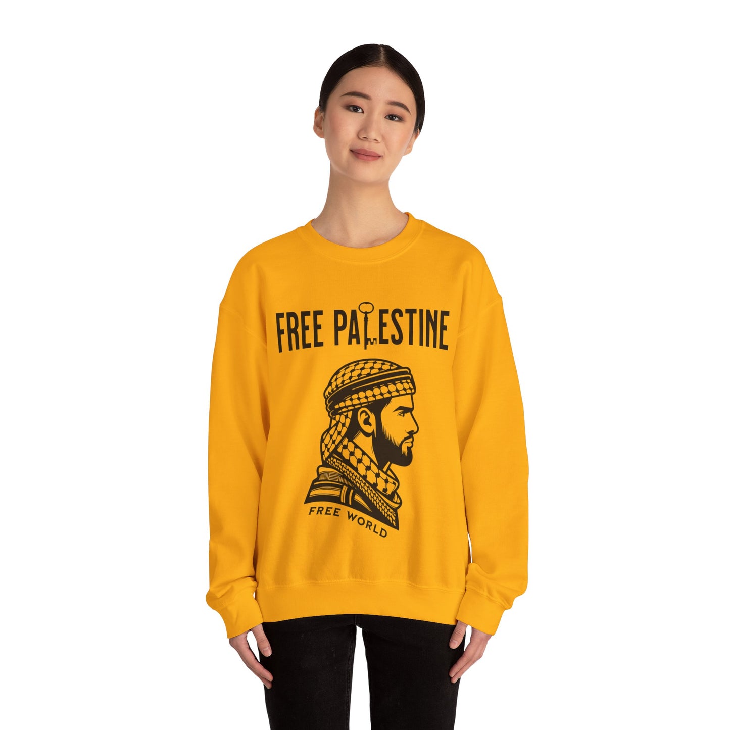 Free Palestine Free World - Man Wearing Palestinian Kuffiyah Sweatshirt