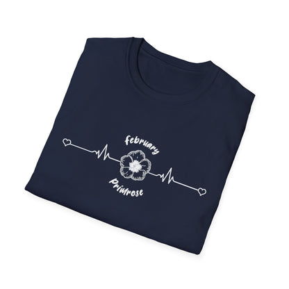 February Primrose T-Shirt - Minimalistic Birthday Flower with Heartbeat Design