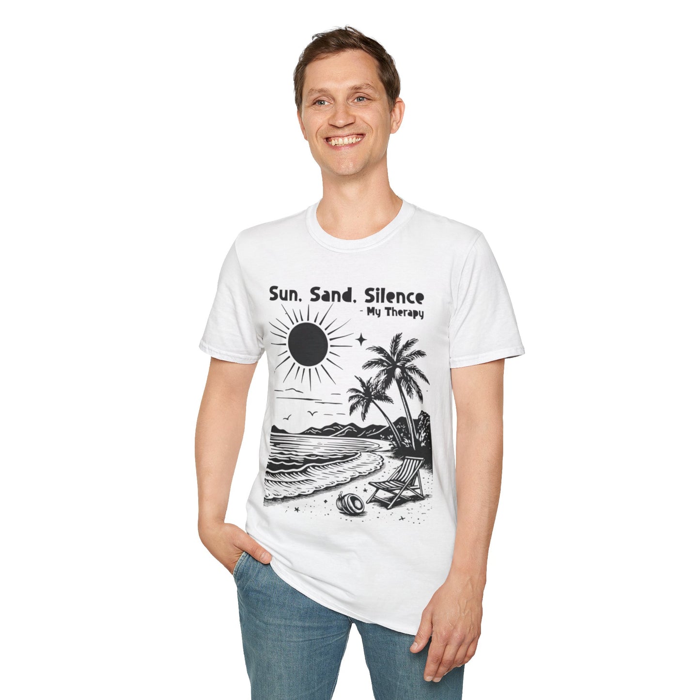 Sun Sand Silence My Therapy - Monochrome Beach Landscape T-Shirt