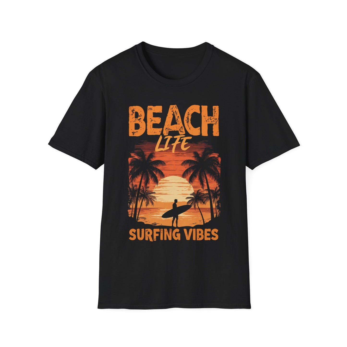Beach Life Surfing Vibes - Vintage Beach With Silhouetted Surfer and Palm Trees T-Shirt