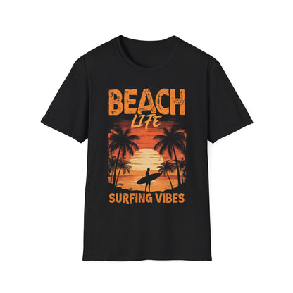 Beach Life Surfing Vibes - Vintage Beach With Silhouetted Surfer and Palm Trees T-Shirt