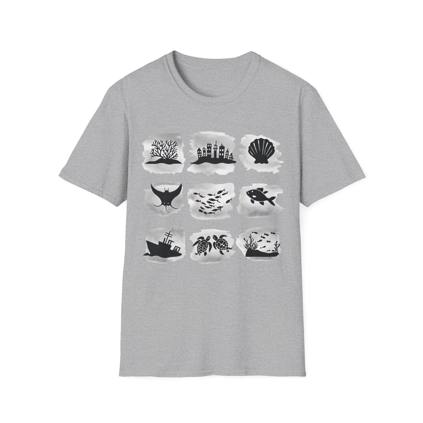 Gird of Marine Elements T-Shirt - Minimalistic silhouette with Gray Background Design