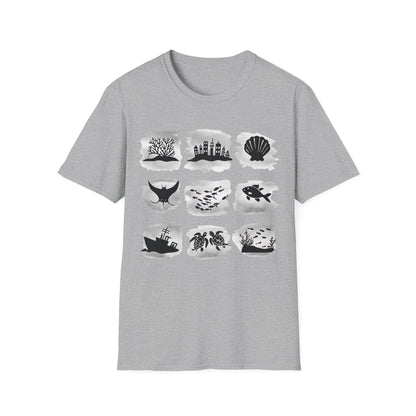 Gird of Marine Elements T-Shirt - Minimalistic silhouette with Gray Background Design