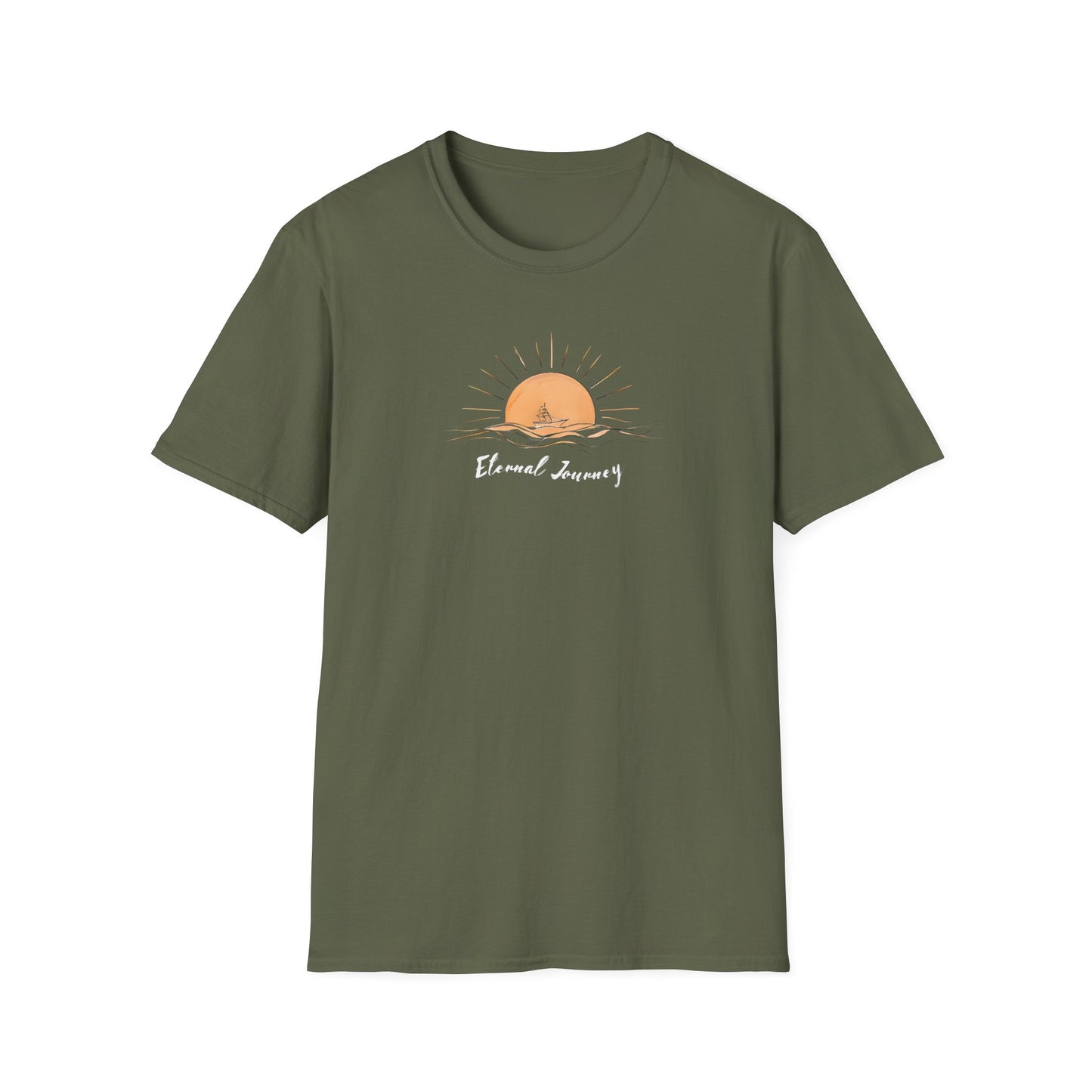 Eternal Journey T-Shirt - Minimalist Sun With Sailing Ship - Nature Scene Line Art Design