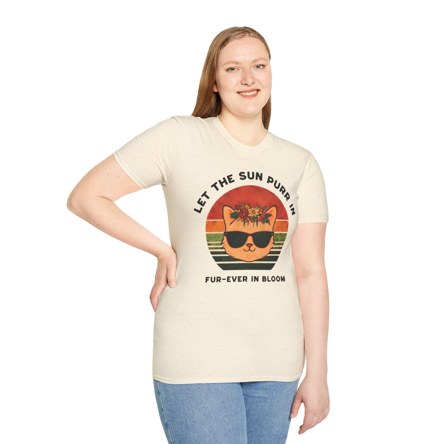Let the Sun Purr In - Playful Vintage Sunset And A Cat in Sunglasses and Floral Crown T-Shirt