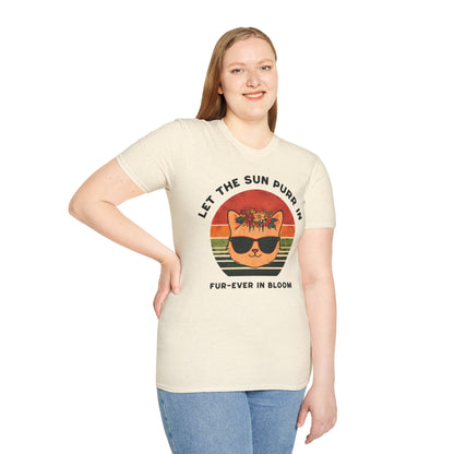 Let the Sun Purr In - Playful Vintage Sunset And A Cat in Sunglasses and Floral Crown T-Shirt