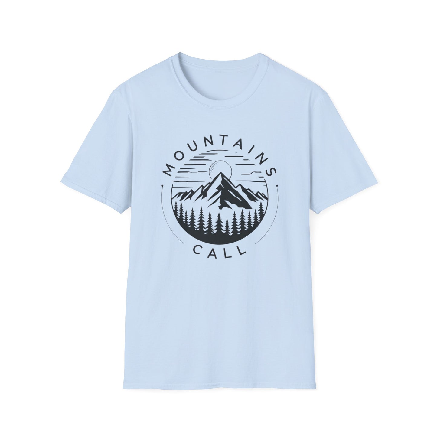 Mountains Call T-Shirt – Circular Nature Scene with Mountains, Trees & Sun Design