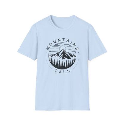 Mountains Call T-Shirt – Circular Nature Scene with Mountains, Trees & Sun Design