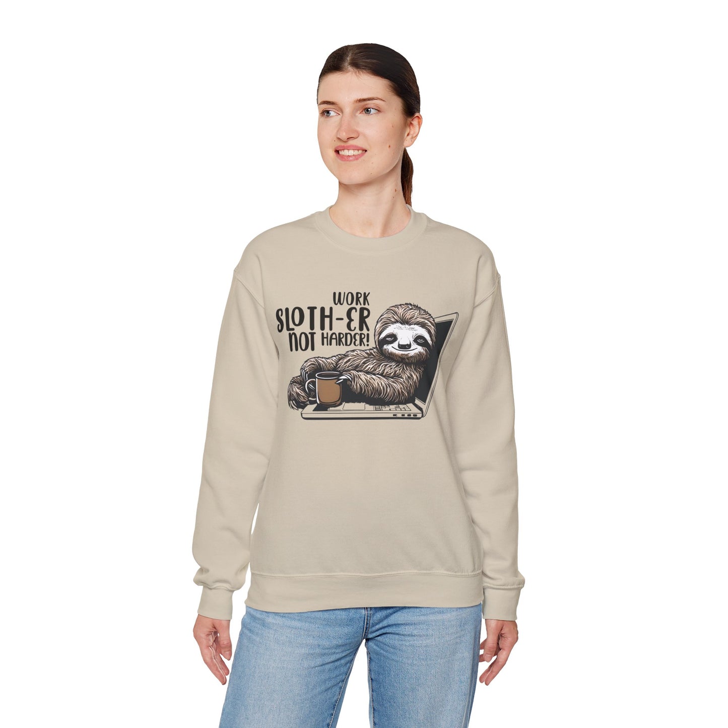 Work Slother Not Harder! - Playful Relaxed Sloth Reclining On Laptop With Coffee Mug Sweatshirt