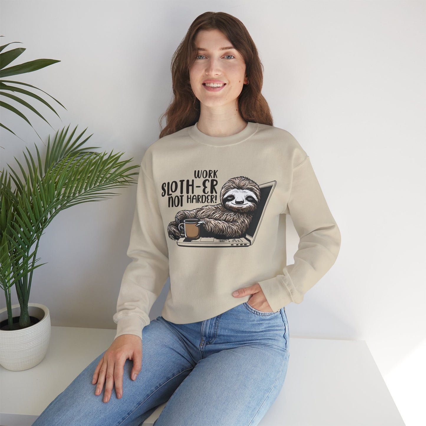 Work Slother Not Harder! - Playful Relaxed Sloth Reclining On Laptop With Coffee Mug Sweatshirt