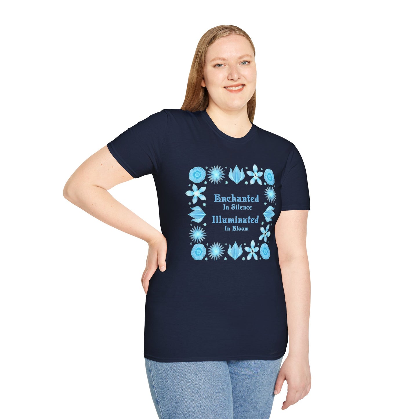 Enchanted in Silence, Illuminated in Bloom T-Shirt -Glowing Blue Floral Frame