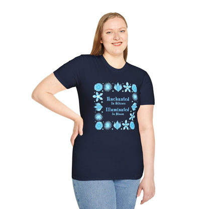 Enchanted in Silence, Illuminated in Bloom T-Shirt -Glowing Blue Floral Frame