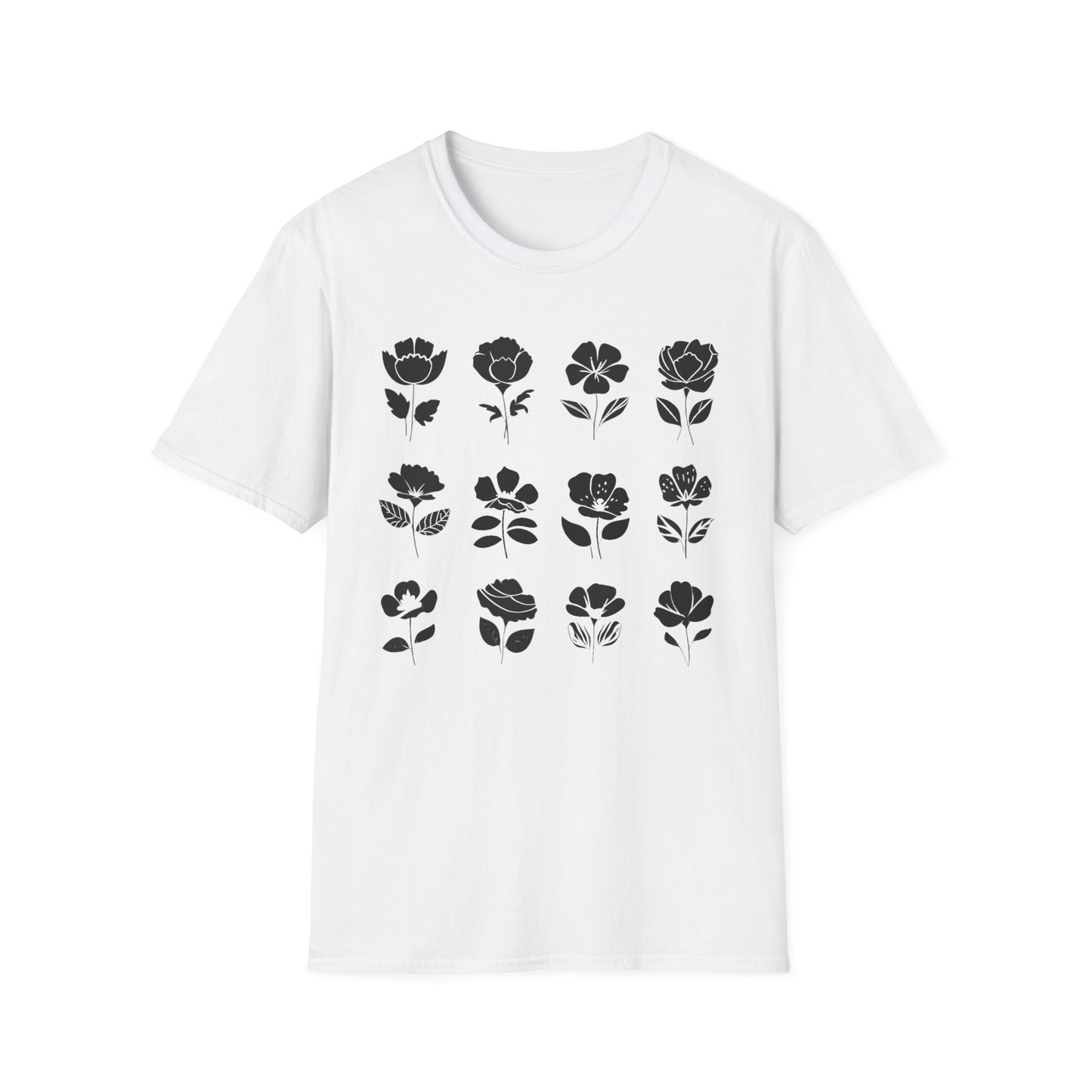 Monochrome Silhouette Grid Flowers T-Shirt