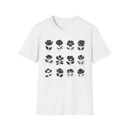 Monochrome Silhouette Grid Flowers T-Shirt