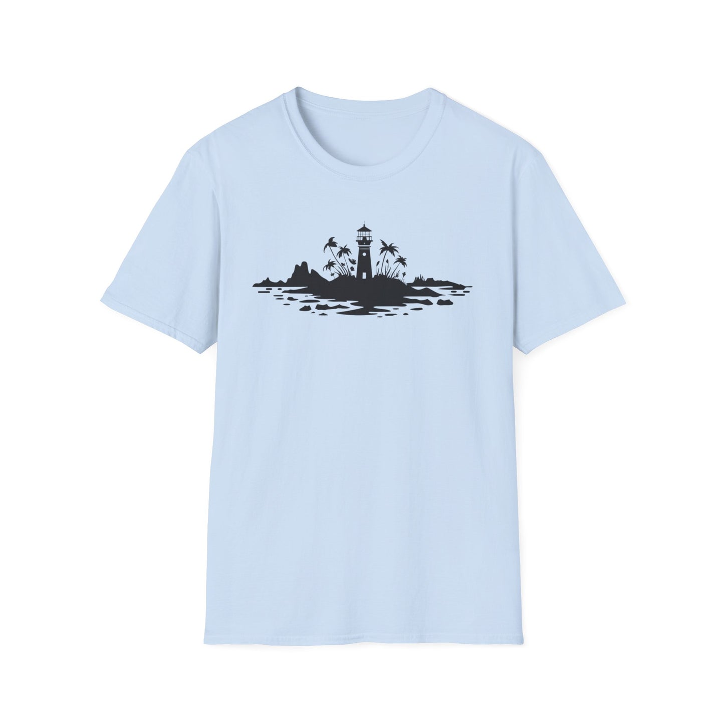 Minimalistic Silhouette Lighthouse, Island, Palms and Florals T-Shirt