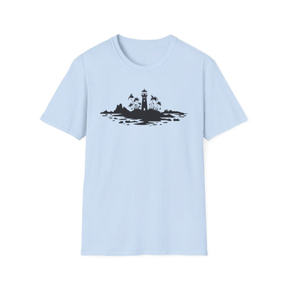 Minimalistic Silhouette Lighthouse, Island, Palms and Florals T-Shirt