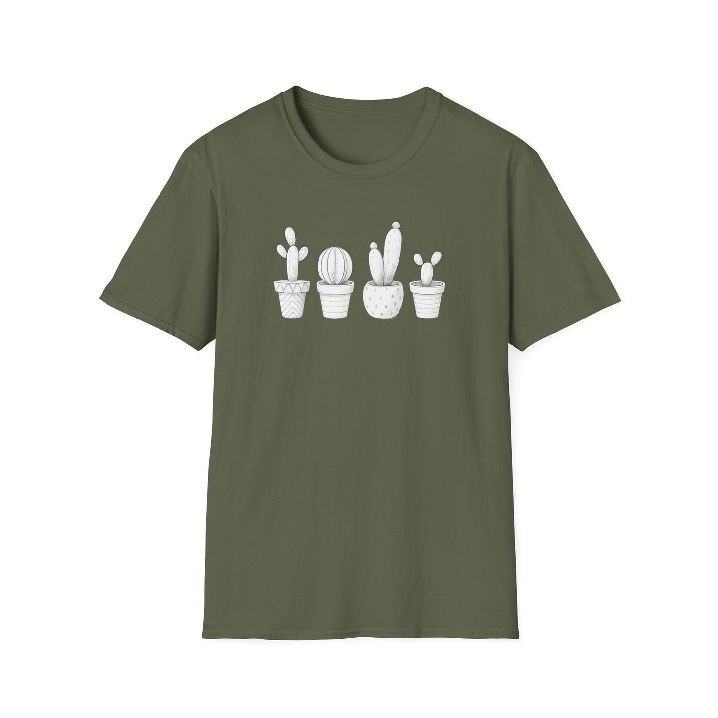 White Cacti In Terracotta Pots Line T-Shirt - Botanical Design