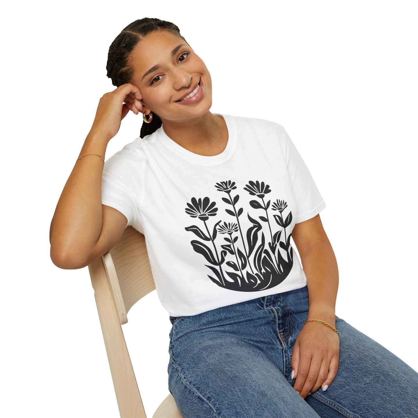 Black Lino Cut Botanical Circular T-Shirt