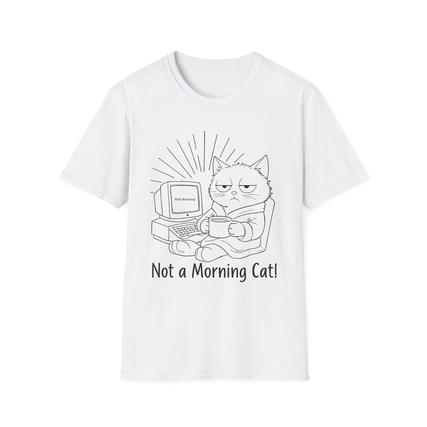 Not A Morning Cat Still Booting T-Shirt -  Sleepy Cartoon Cat in Robe with Coffee Mug and A Computer In the Morning  Design