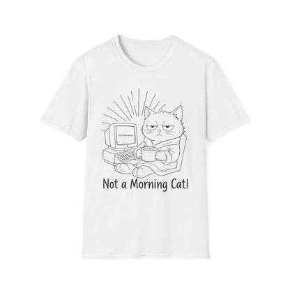 Not A Morning Cat Still Booting T-Shirt -  Sleepy Cartoon Cat in Robe with Coffee Mug and A Computer In the Morning  Design