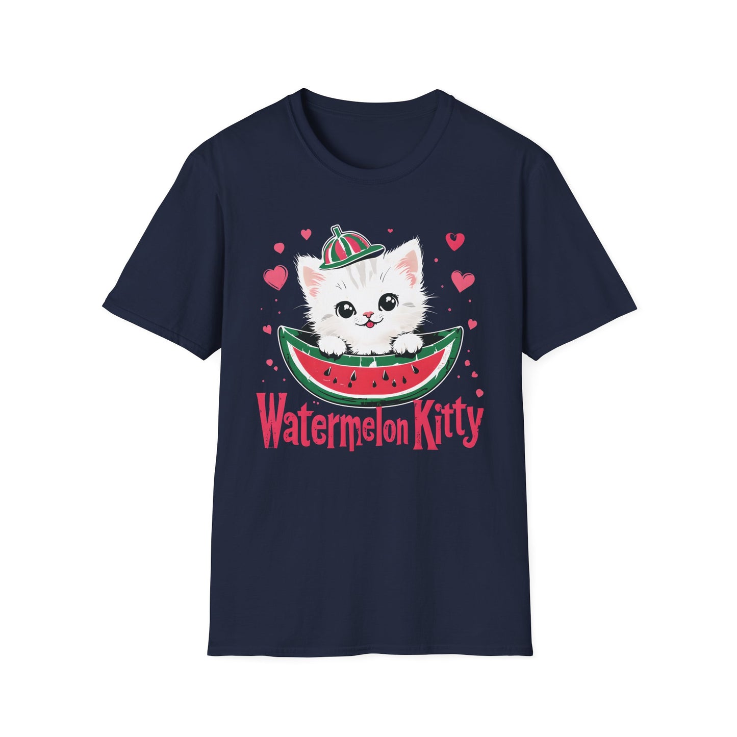 Watermelom Kitty - White Kitten in Watermelon Boat with Hearts  T-Shirt