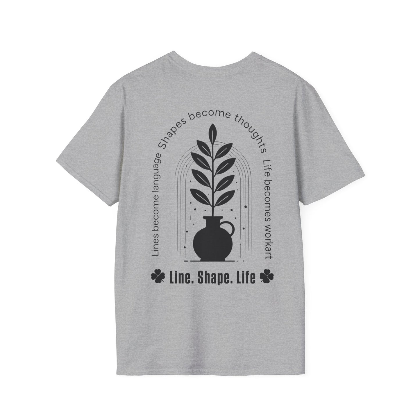 Line Shape Life T-Shirt - Stylized Plant Typography Front And Back Design