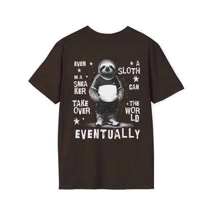 Even A Sloth In A Sneaker Can Takeover The World Eventually - Monochrome Sloth Distressed Front and Back Design T-Shirt